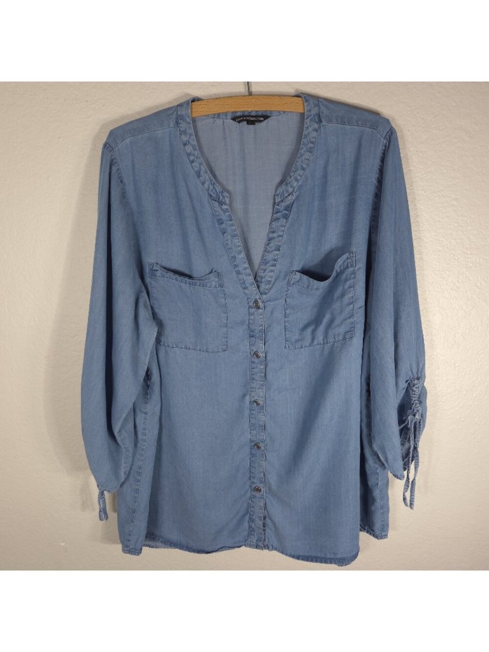 Club Z Collections Denim Shirt Tencel Button Down Blue Tunic Top Plus 2X V-Neck